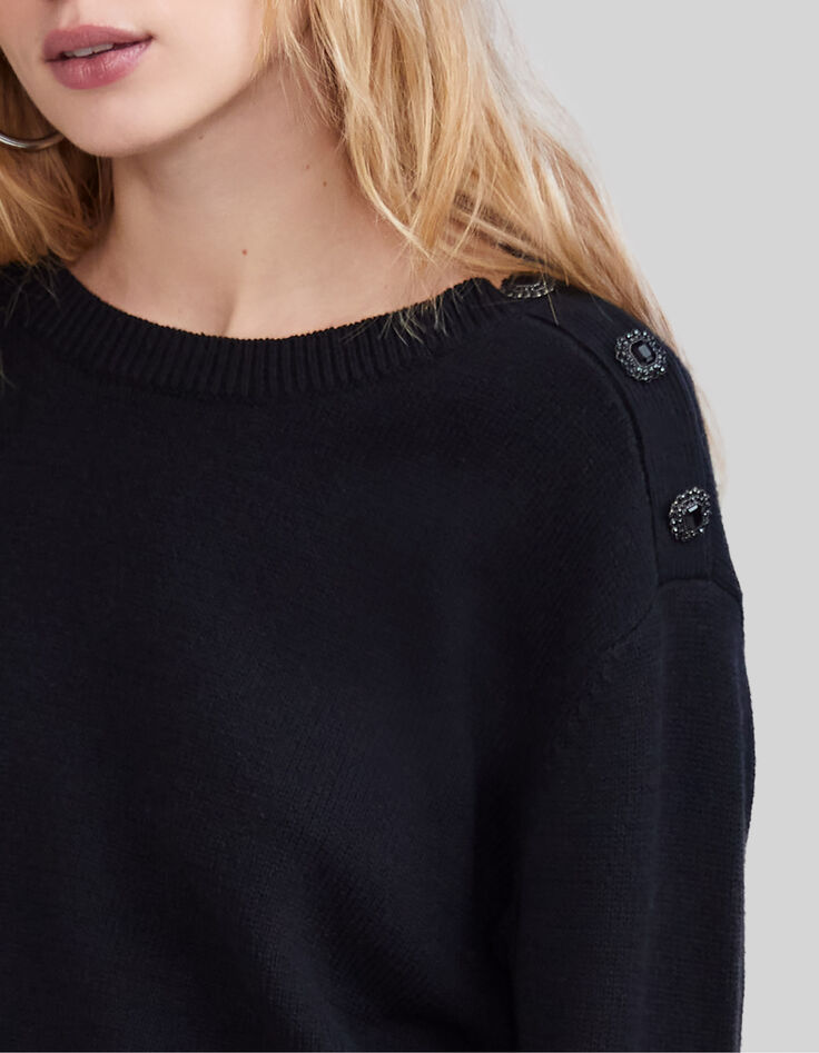 Schwarzer Damenstrickpullover mit Strasskn&ouml;pfen-3