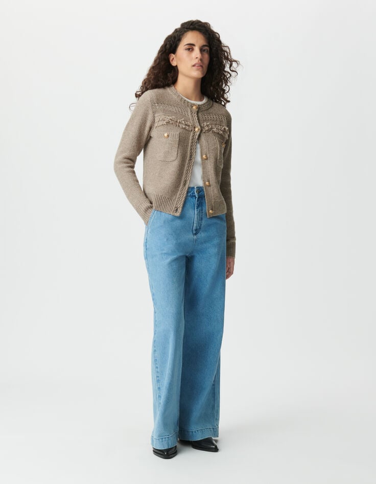 Women’s beige knit cardigan, fringed details, gold buttons-1 Women’s beige knit cardigan, fringed details, gold buttons-1
