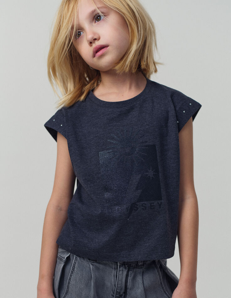 Graues Mädchen-T-Shirt mit Glitzermotiven und Nieten-2