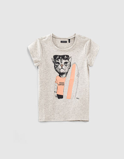 Girls’ grey organic T-shirt with surfer cat image - IKKS