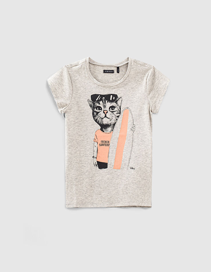 Girls’ grey organic T-shirt with surfer cat image-1