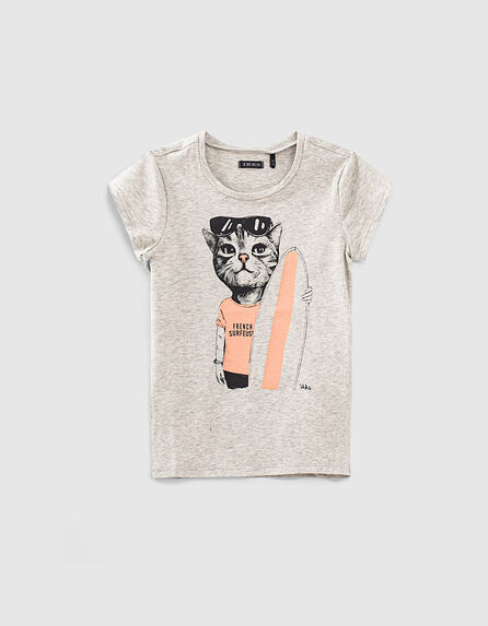 Camiseta gris bio visual gato-surfera niña