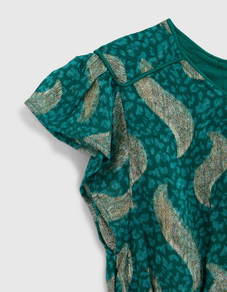 Girls' green short dress with gold leaf print-4