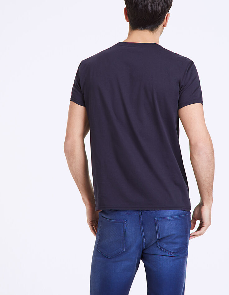 Camiseta marina con foto de palmeras y rayas Hombre-3