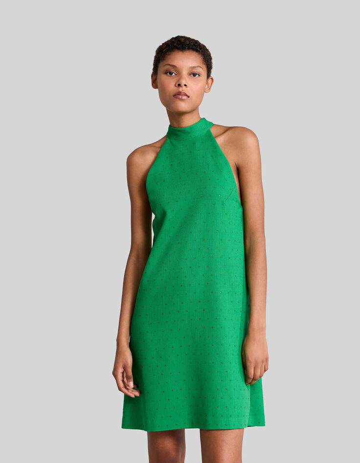 Robe menthe décor strass ton sur ton Femme-2