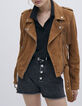 Veste en cuir velours camel esprit motard à franges Femme-1