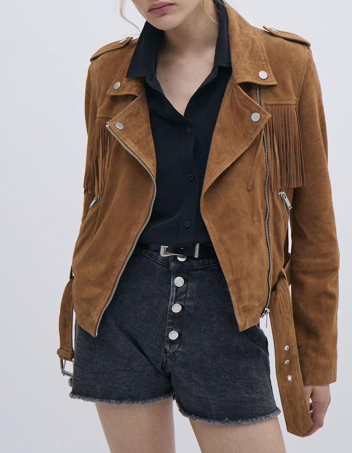 Chaqueta ante camel estilo motero flecos mujer