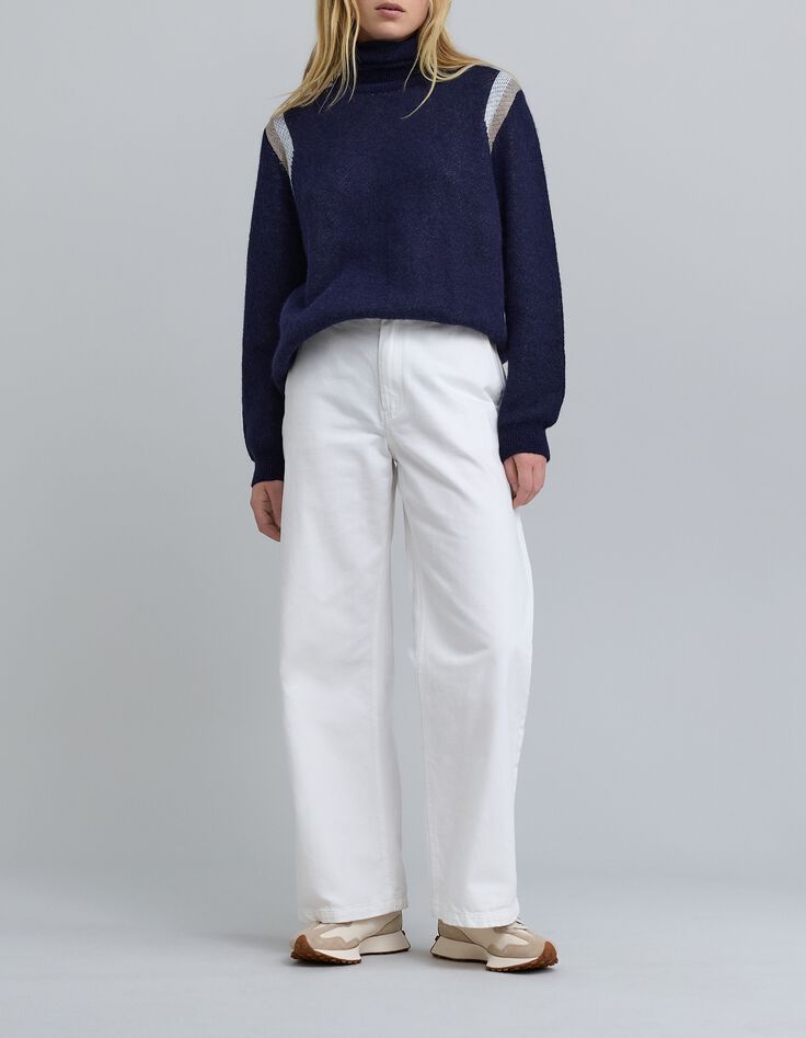 Pull marine tricot jacquard rayures placées Femme-1