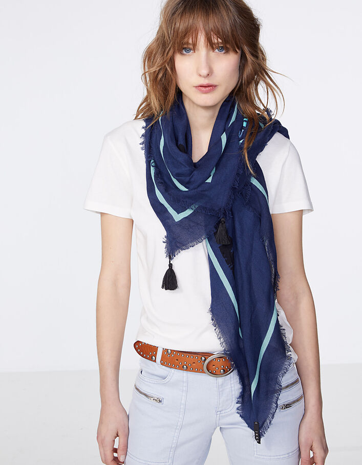 Women’s navy printed cotton fringed square scarf - IKKS