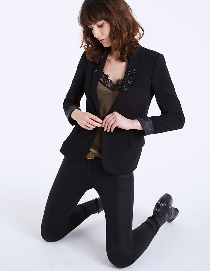 Veste tailleur crêpe col broderies bijoux femme-1