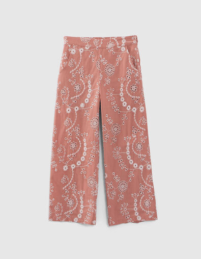 Pantalon vieux rose coton bio broderies fleurs fille - IKKS