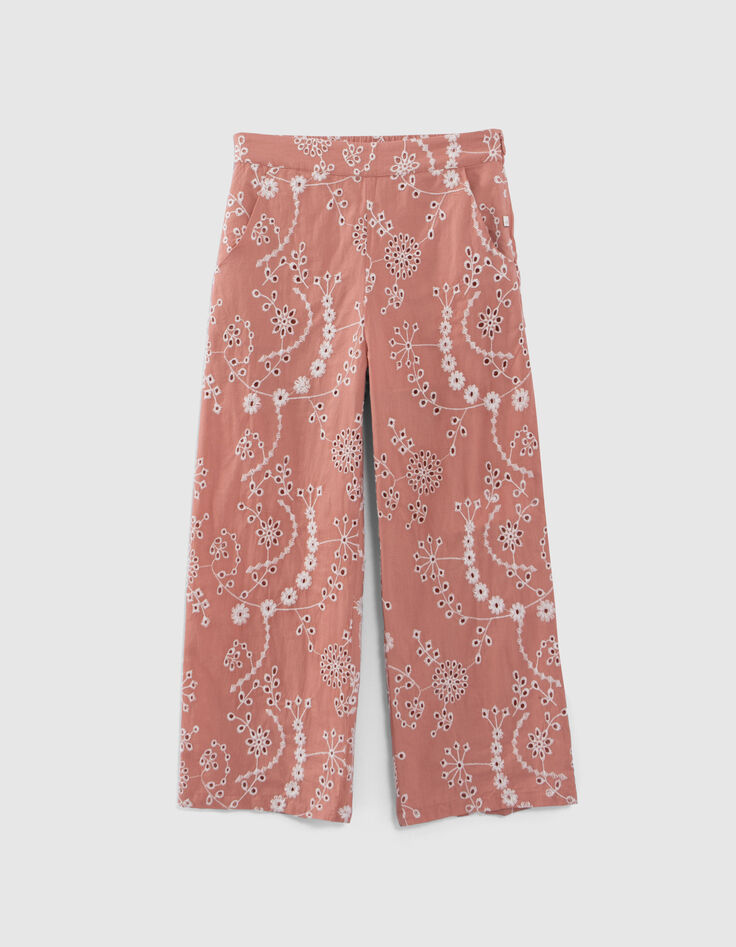 Pantalon vieux rose coton bio broderies fleurs fille-1