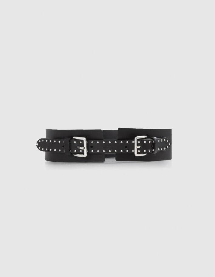 Women’s black leather dress belt with studded tab