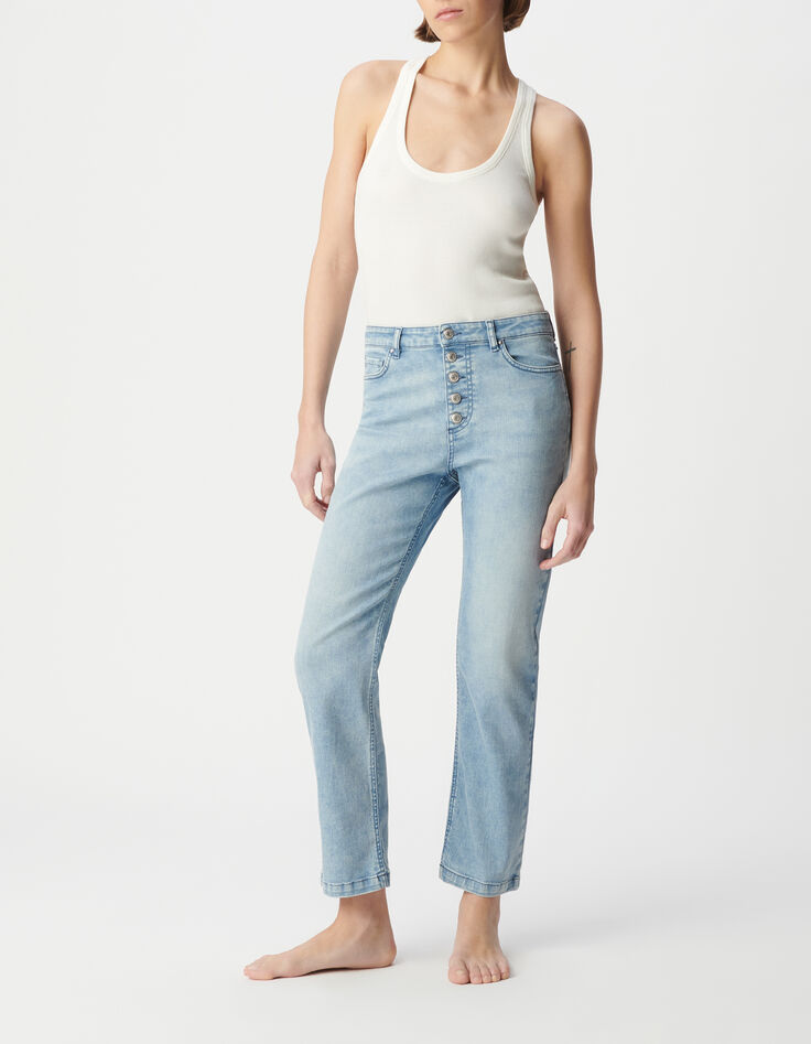 Damesblauwe cropped jeans met zichtbare powerstretch knopen-2