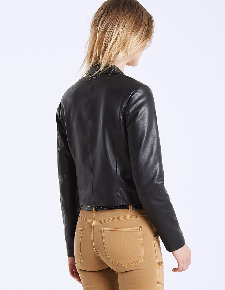 Chaqueta de cuero de cordero cuello chal mujer-3