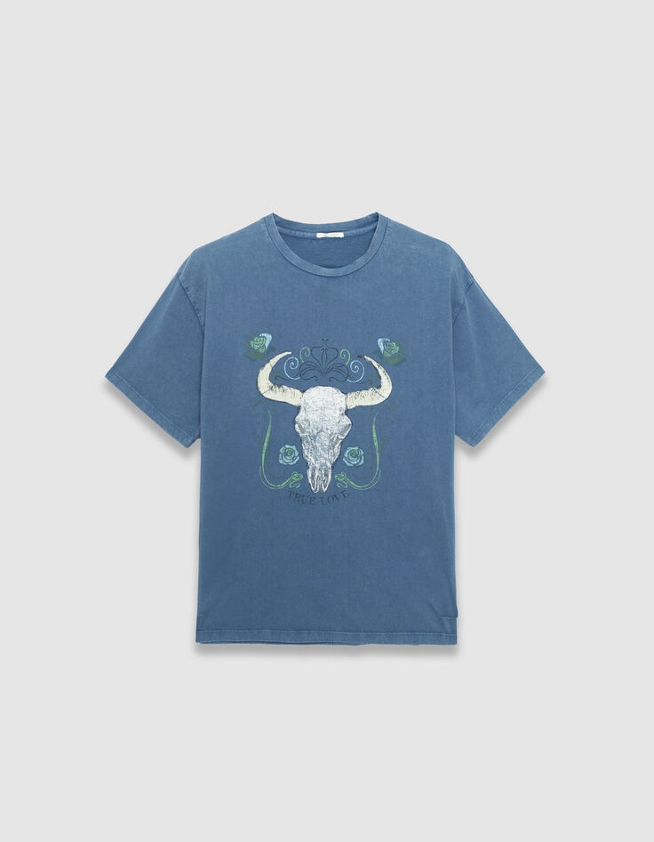 Tee-shirt manches courtes bleu grisé visuel buffle Femme-5