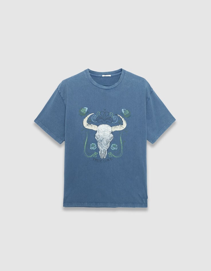 Tee-shirt manches courtes bleu grisé visuel buffle Femme-5 Tee-shirt manches courtes bleu grisé visuel buffle Femme-5
