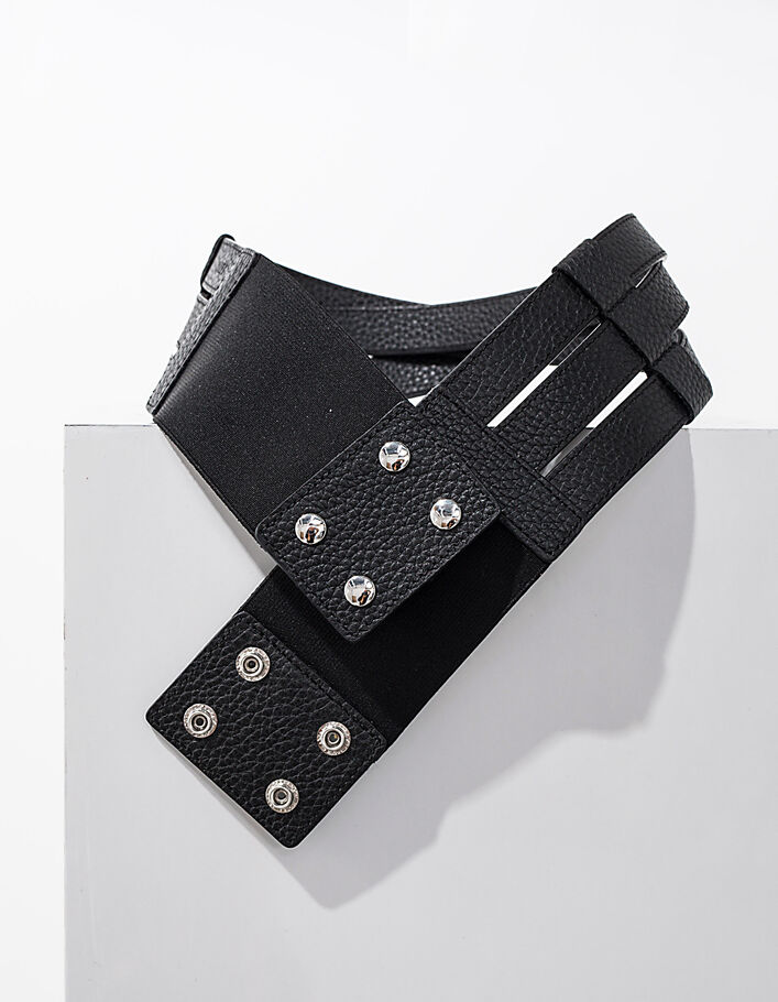 Women’s black mixed-fabric wide leather belt - IKKS