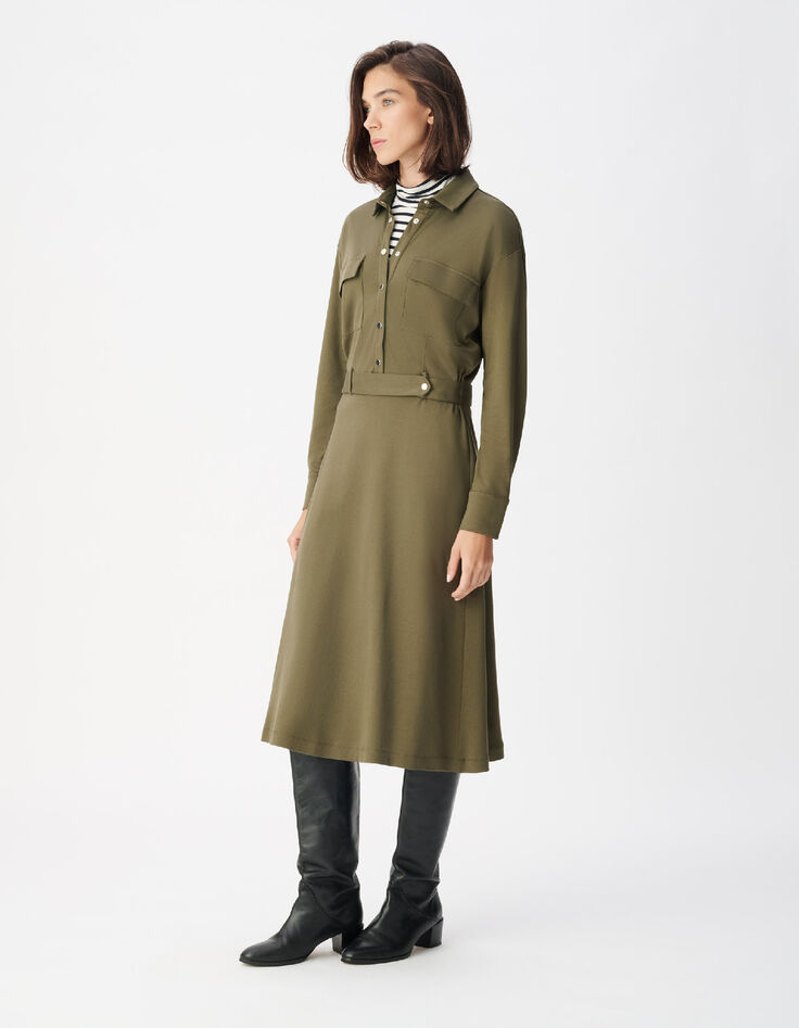 Women's Khaki Knit Shirt Dress with Belt-2
