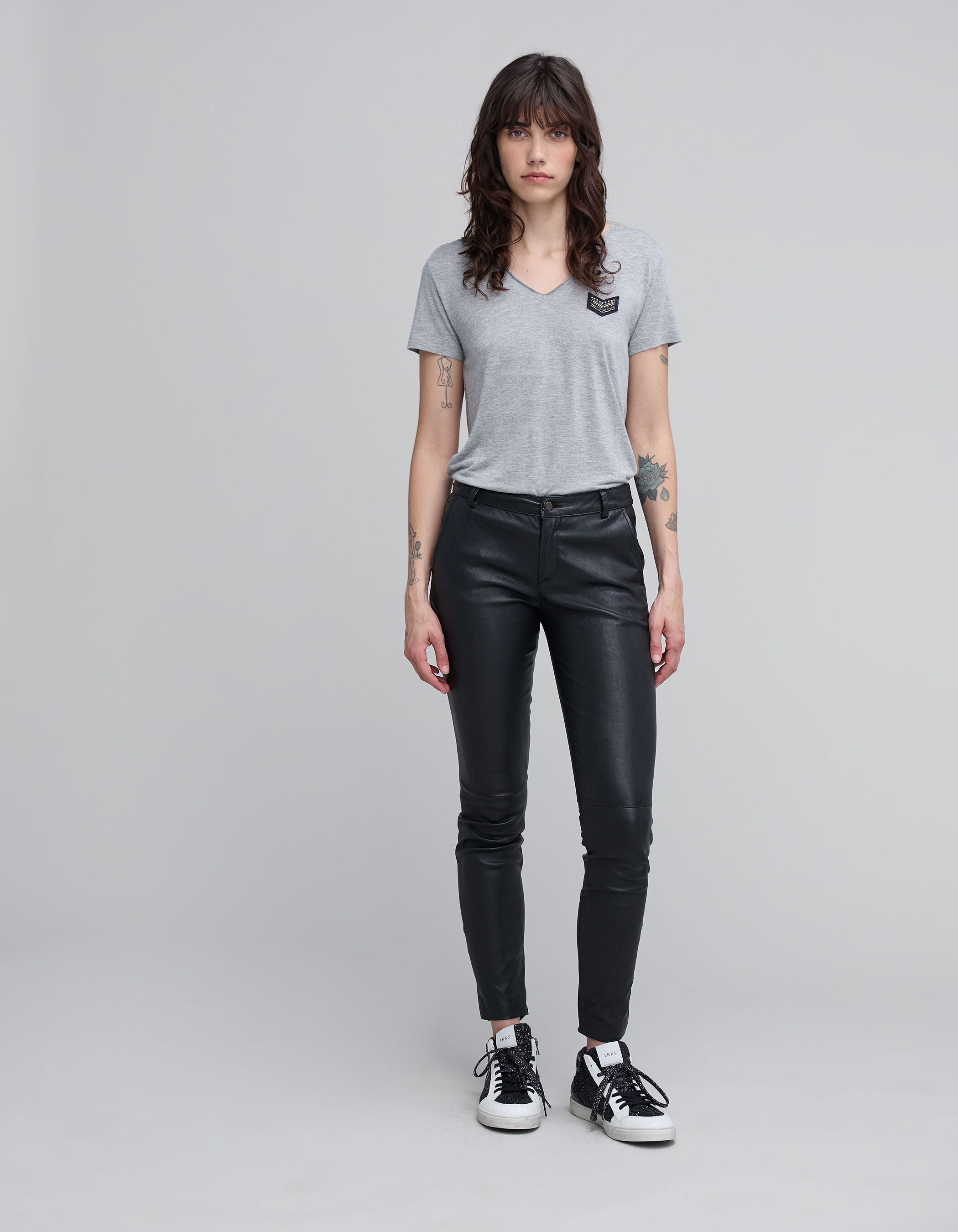 Lichtgrijs gemeleerd dames T shirt met V hals IKKS
