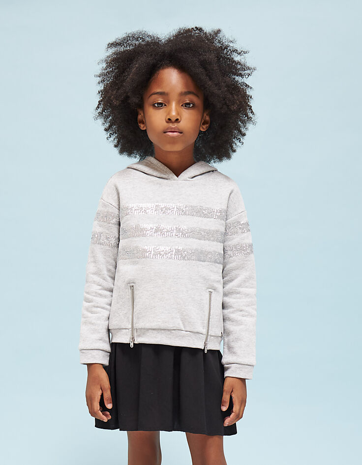 Robe gris chiné moyen avec sweat à rayures sequins fille-1