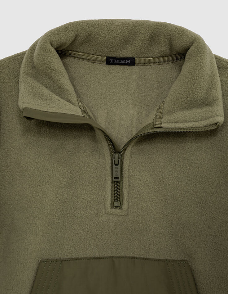 Sudadera caqui polar cremallera y bolsillo canguro niño -2