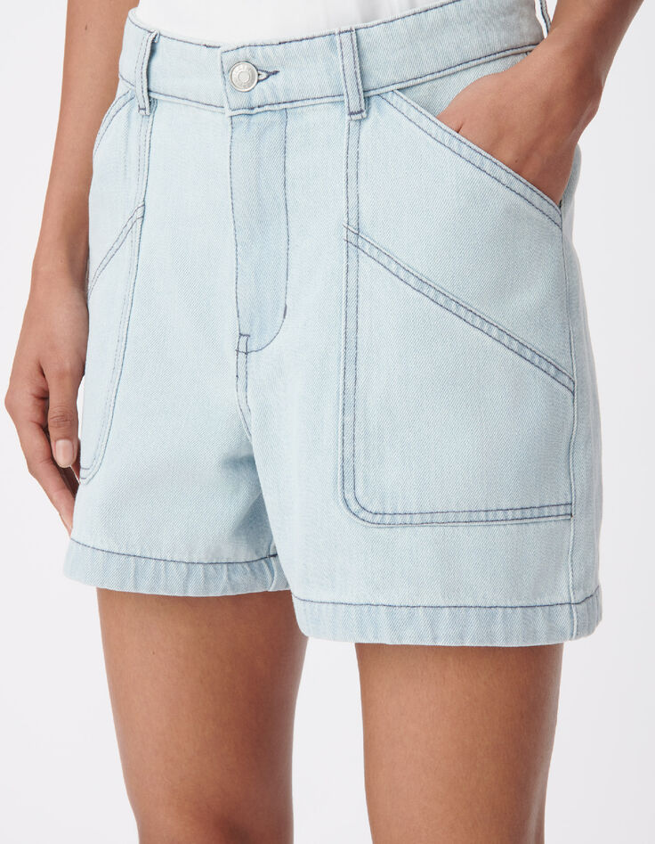 Short en jean bleu d&eacute;lav&eacute; maxi poches Femme-5