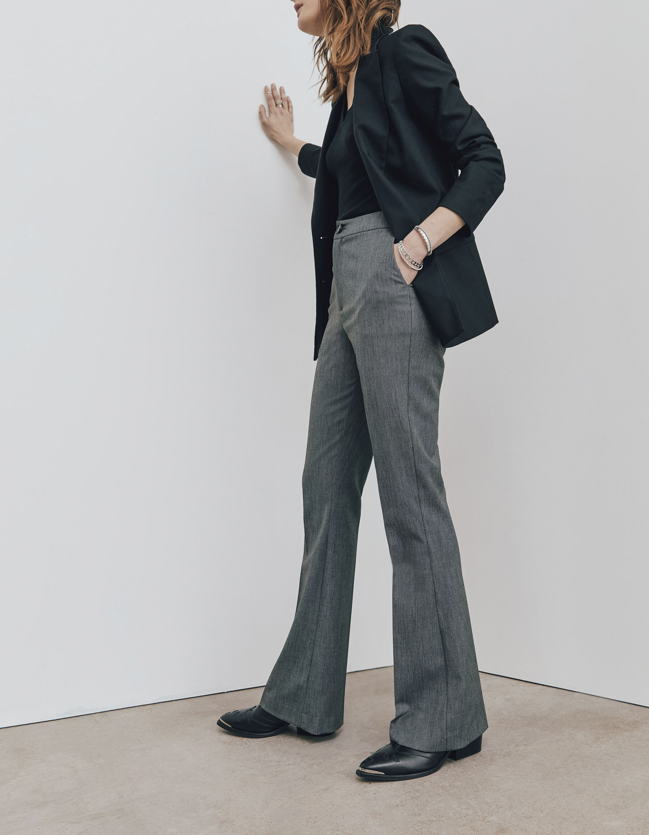 caviar-look wool mix long flared trousers