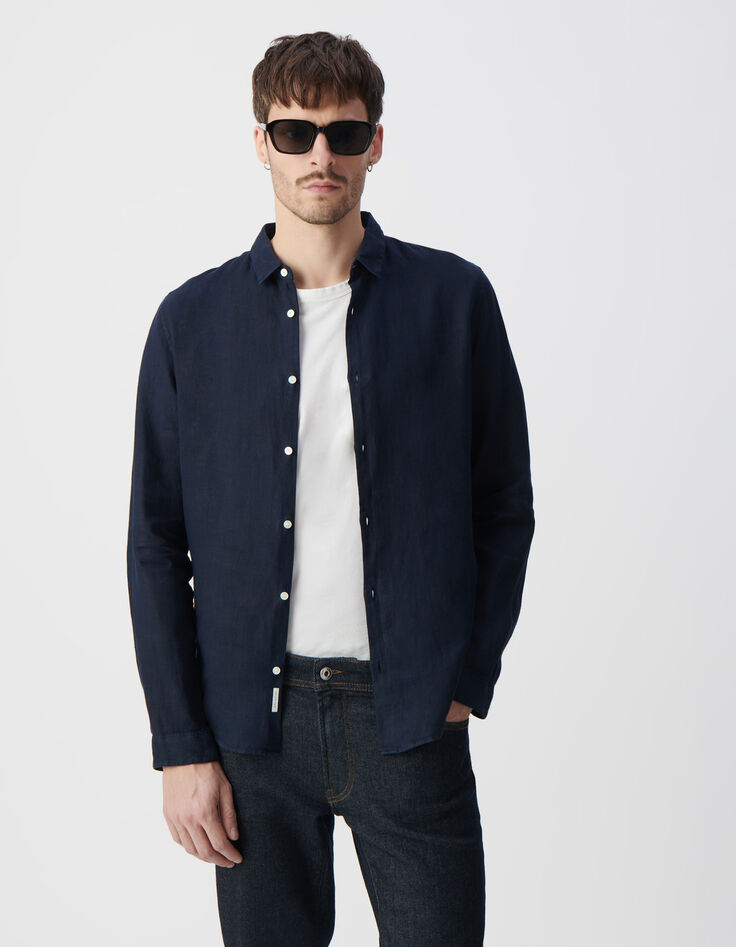 Marineblaues SLIM-Herrenhemd aus 100% Leinen-3