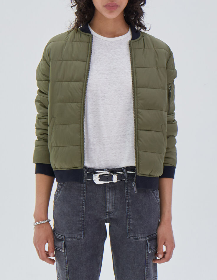 Chaqueta corta caqui cuello alto  mujer-1