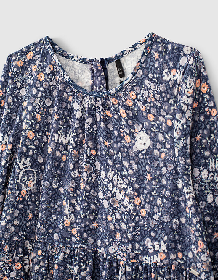 Langes marineblaues Mädchenkleid, Ecovero®, Blumen-Print -2 Langes marineblaues Mädchenkleid, Ecovero®, Blumen-Print -2