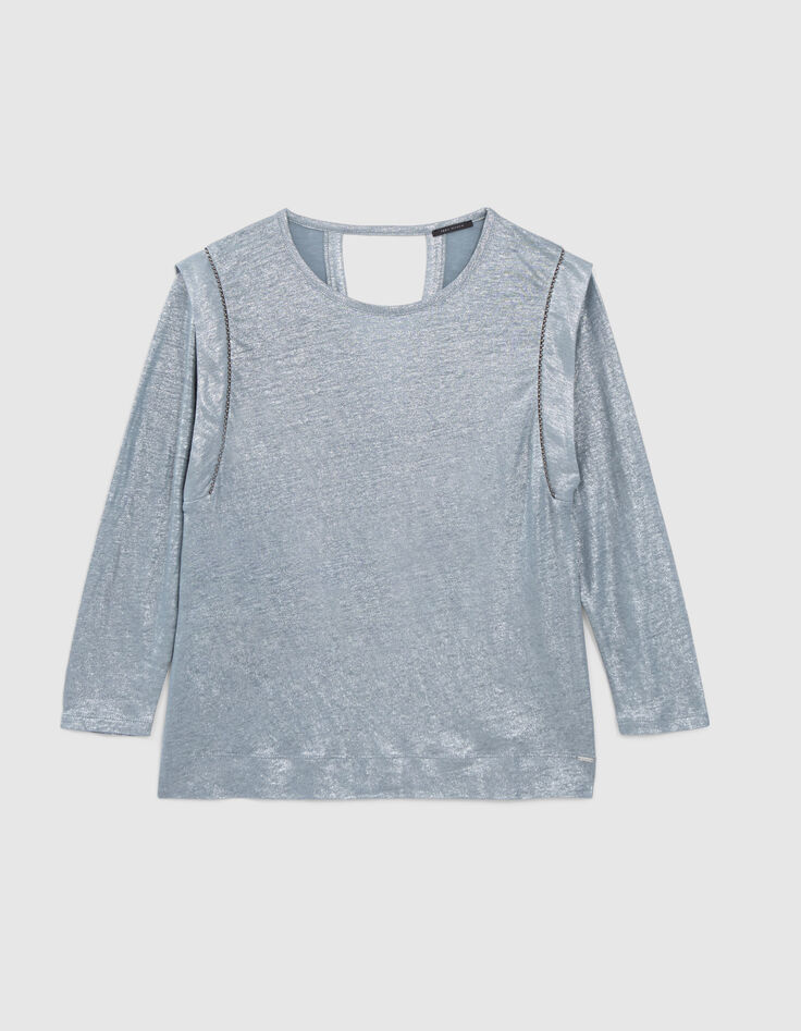 Tee-shirt bleu orage lin foil décor micro perles Femme-6
