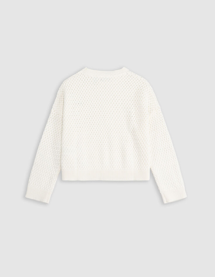 Pull blanc coton bio tricot fantaisie relief fille-5
