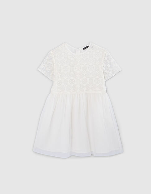Girls’ white mixed-fabric dress with lace and tulle - IKKS