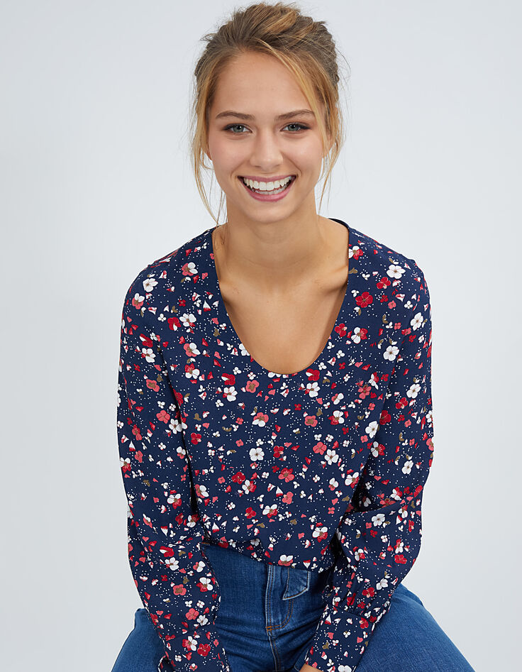 I.Code navy blue Floral Preppy print top-1