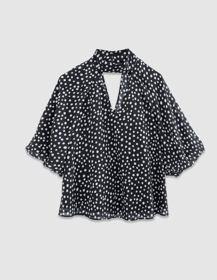 Blouse fluide marine motif pois manches ballon Femme-5 Blouse fluide marine motif pois manches ballon Femme-5