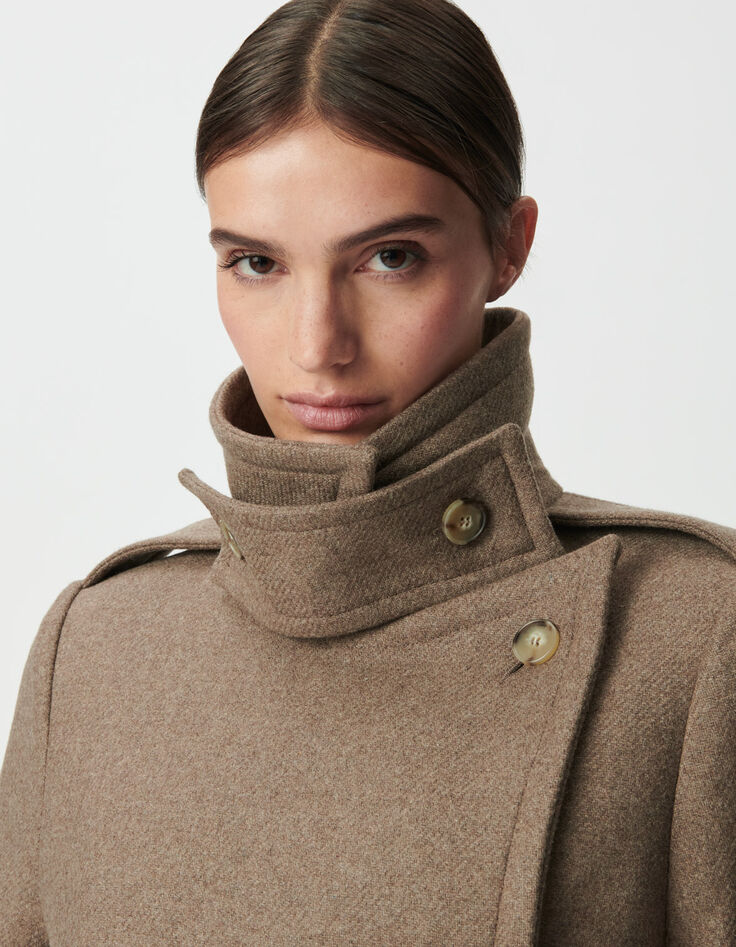 Manteau long beige lainage esprit caban ceintur&eacute; Femme-2