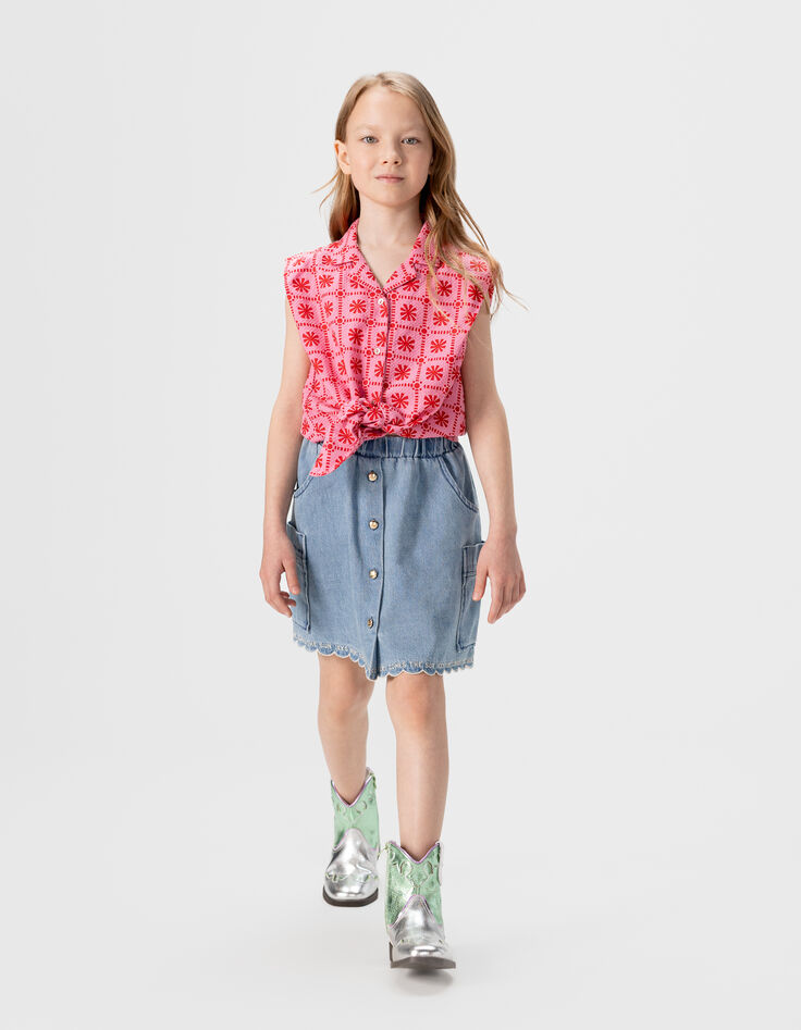 Girls’ blue denim cargo-style skirt with pockets-1