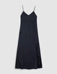 Dames lange marine jurk met dunne bandjes en knoopdetails-6