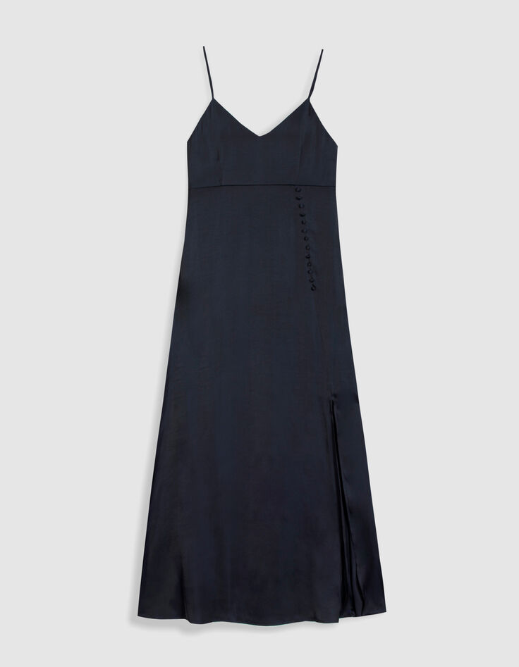 Dames lange marine jurk met dunne bandjes en knoopdetails-6
