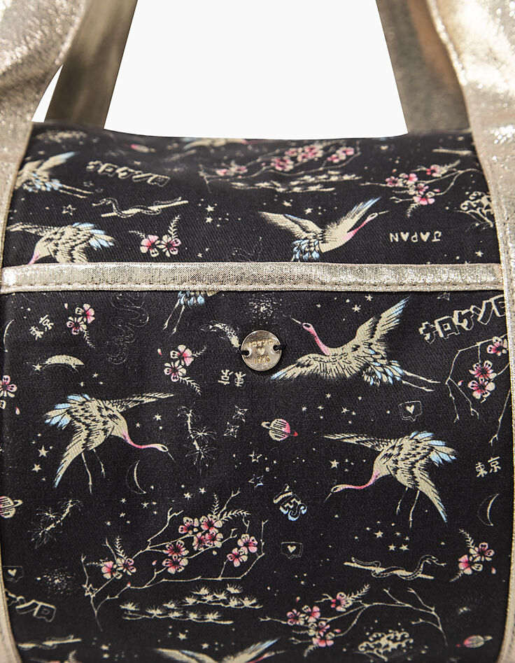 Schwarze M&auml;dchenbowlingtasche mit Sakura- und Kranichprint-5