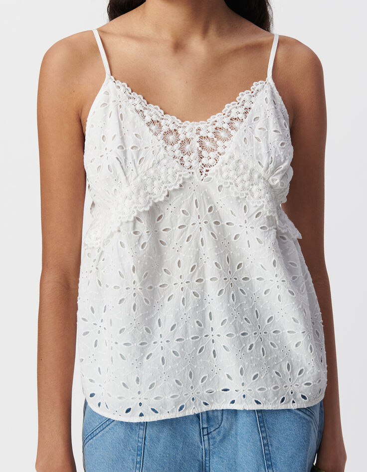 Top caraco fines bretelles blanc broderie anglaise Femme-4