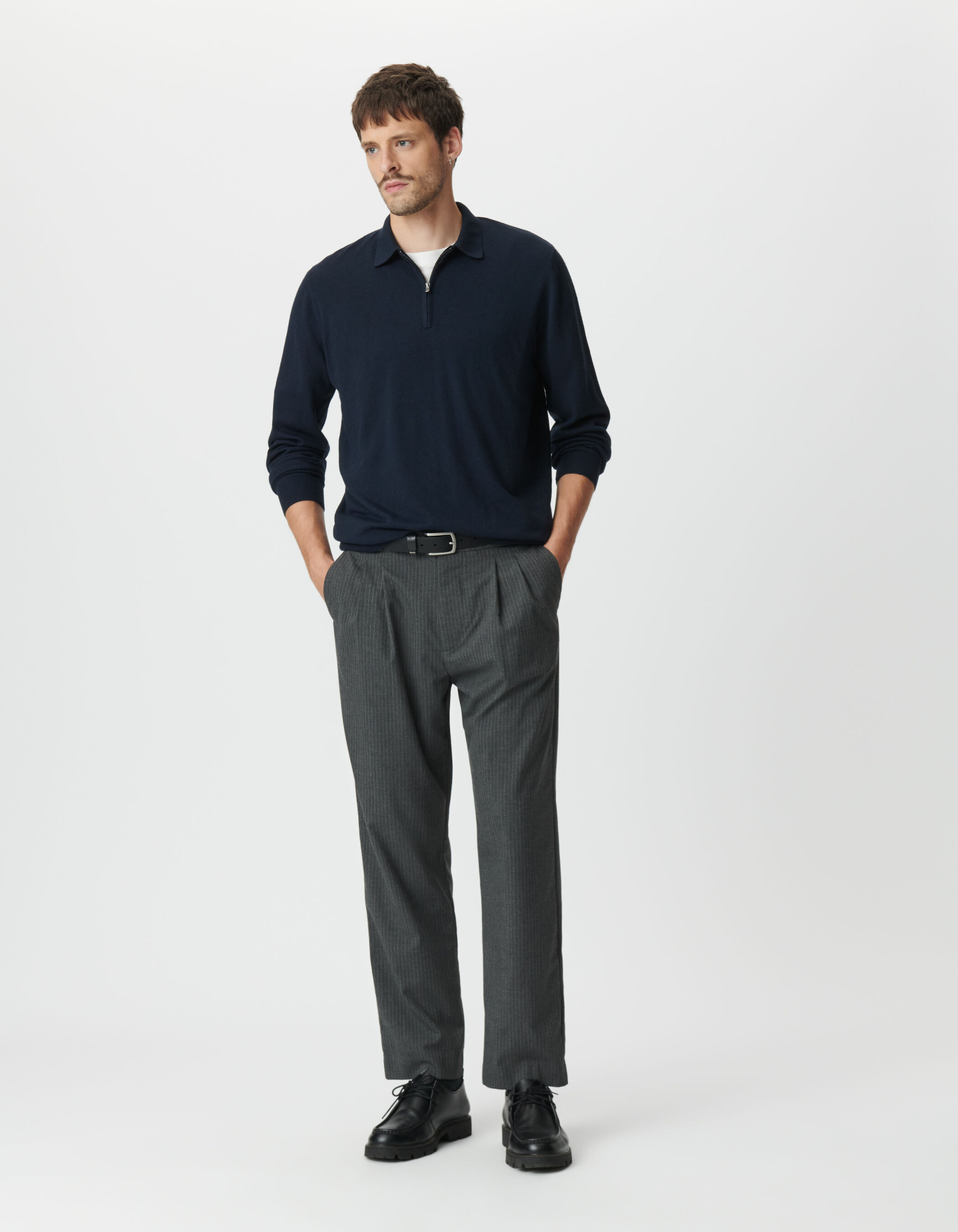 Men's navy blue long-sleeved polo shirt with zip fastening IKKS
