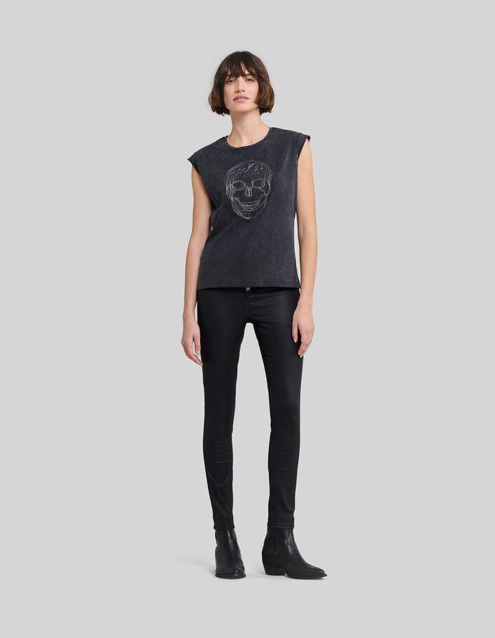 Women's grey T-shirt with embroidered skull and diamanté - IKKS