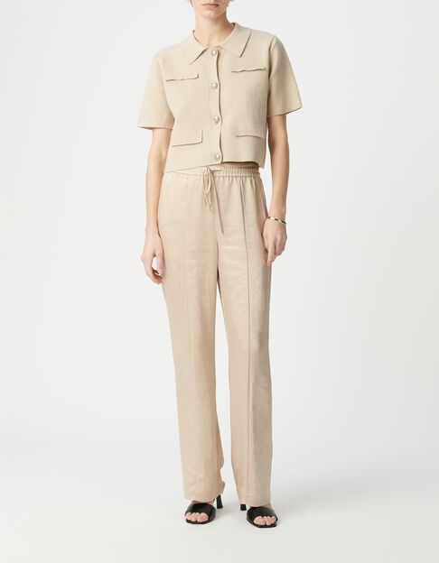 Pantalon large beige polyester recycl&eacute; taille &eacute;lastiqu&eacute;e Femme - IKKS