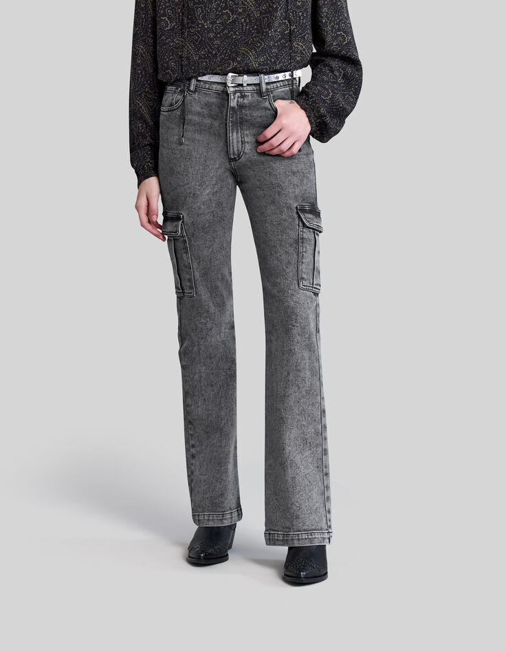 Women’s faded black flared jeans with cargo pockets-2