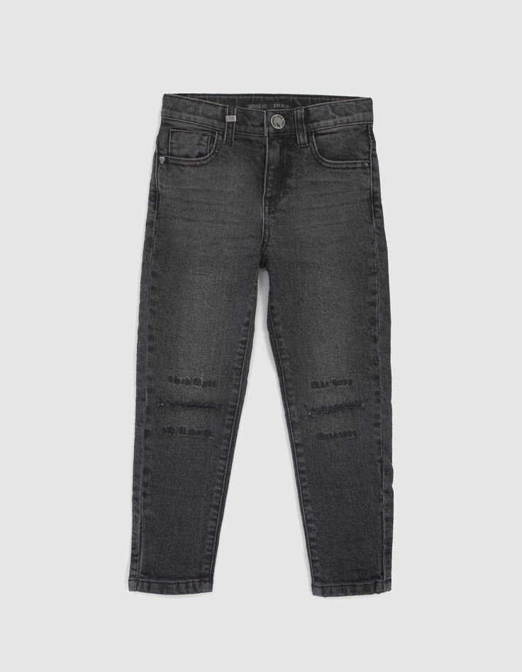Jean TAPERED gris broderies et usures genoux garçon-1