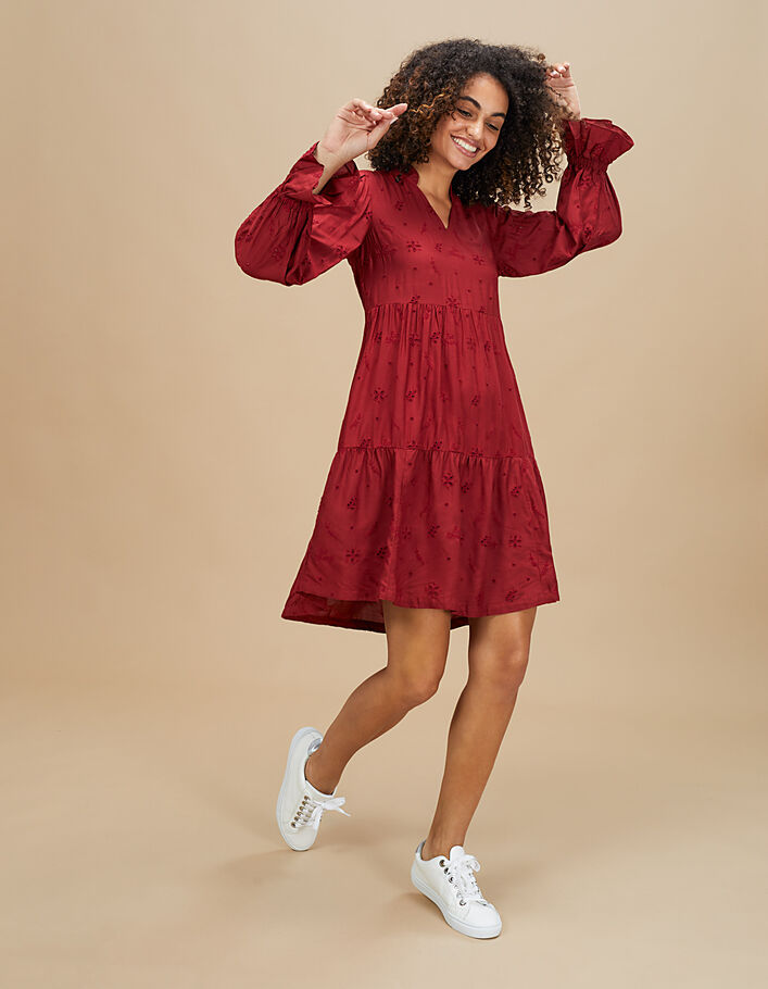 I.Code garnet red dress with ruffles & eyelet embroidery - I.CODE