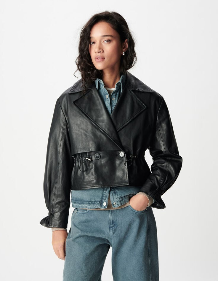 Chaqueta de piel negra oversize Talla Mujer-7