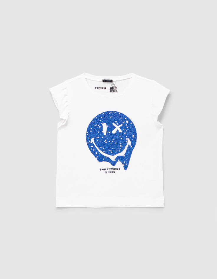 Weißes Mädchen-T-Shirt mit blauem Glitzer-SMILEYWORLD-1